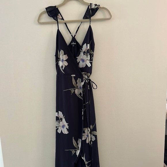 Lulus long navy cream print wrap around dress Size S - Picture 3 of 15